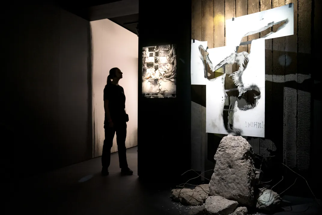 Another stencil on display is from Banksy's recent work in support of Ukraine